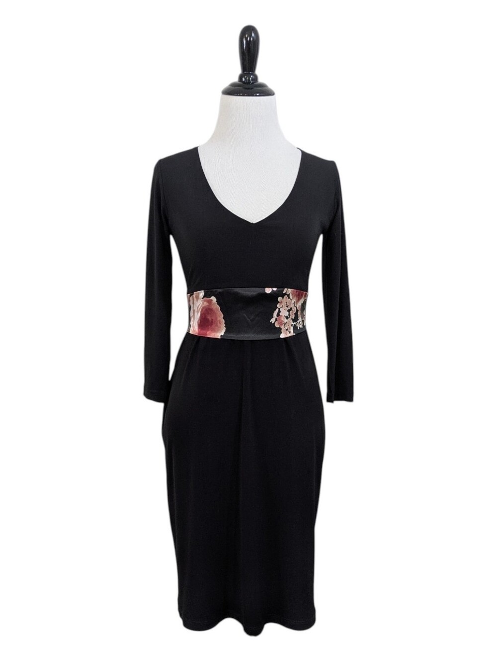 Black V-Neck Dress With Integrated Floral Tie by Ripe - Size XS Womens